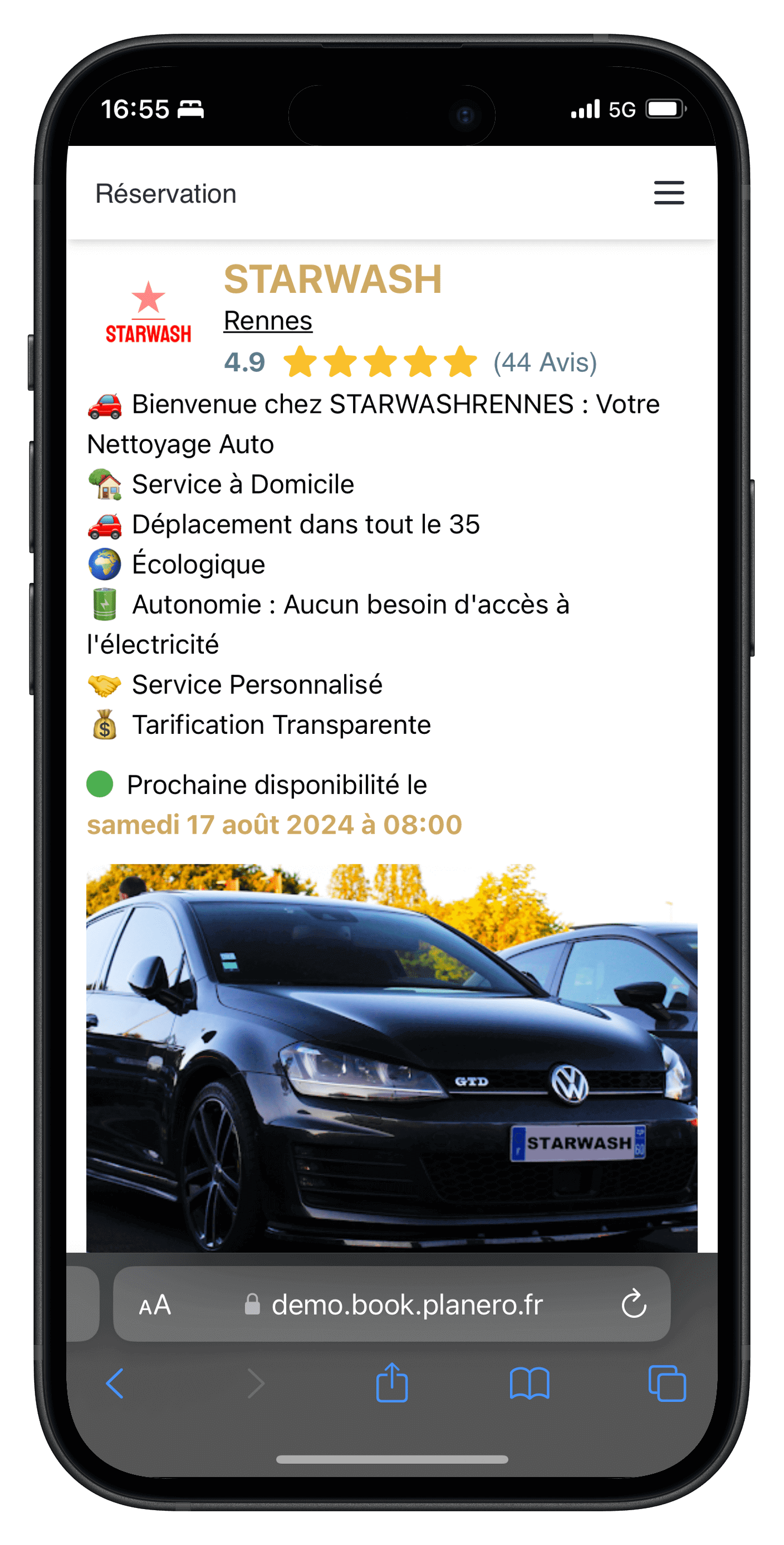 Page de réservation en ligne vue par le client
