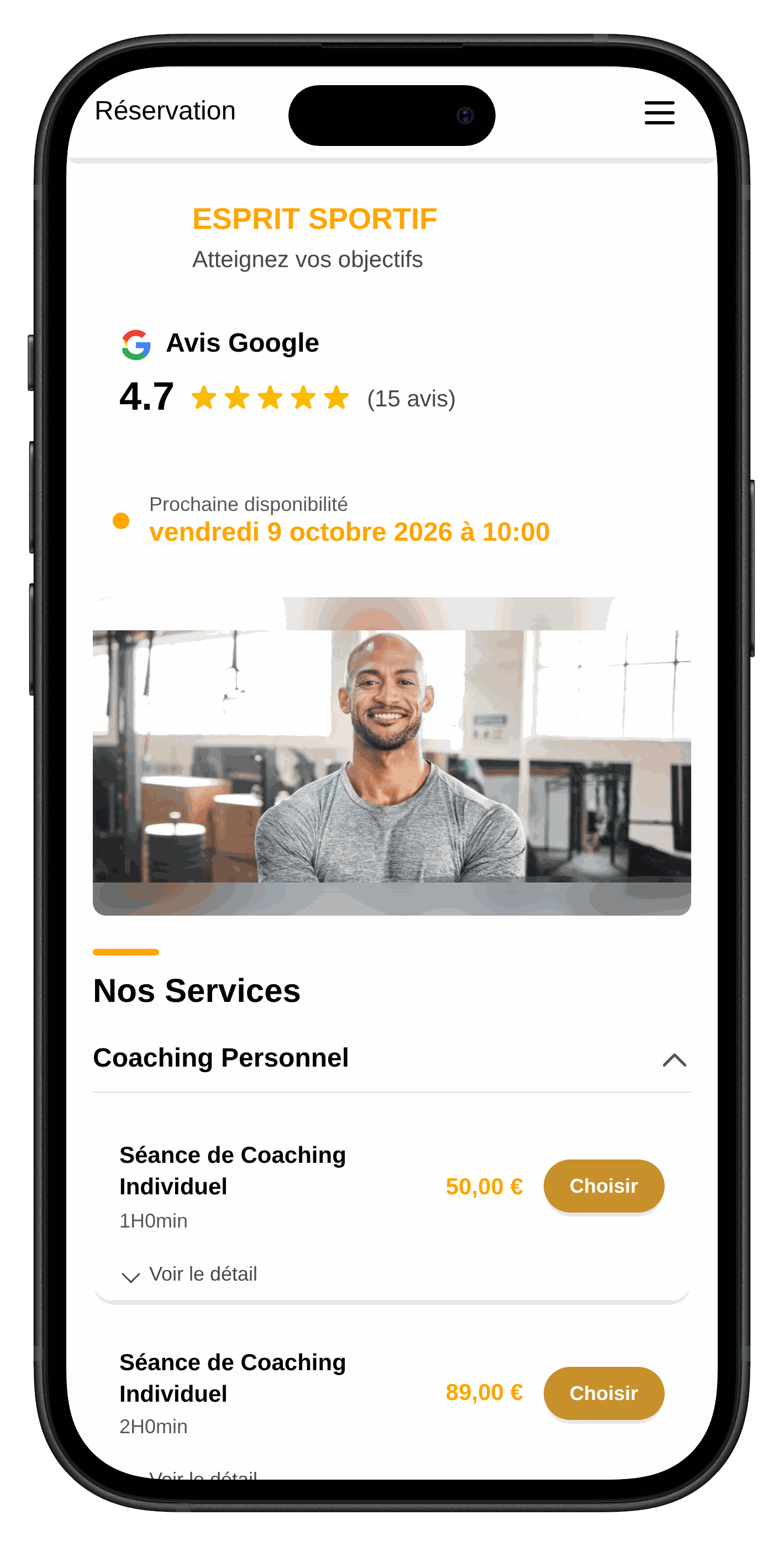 Module de réservation en ligne Planero vu par le client — coaching sportif