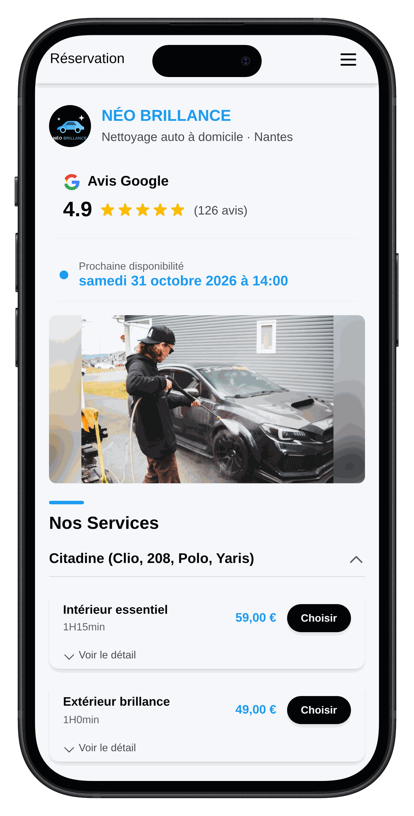 Page de réservation en ligne Néo Brillance vue par le client