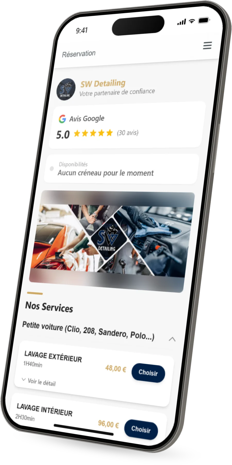 Page de réservation en ligne de SW Detailing sur iPhone, créée avec le logiciel de detailing Planero